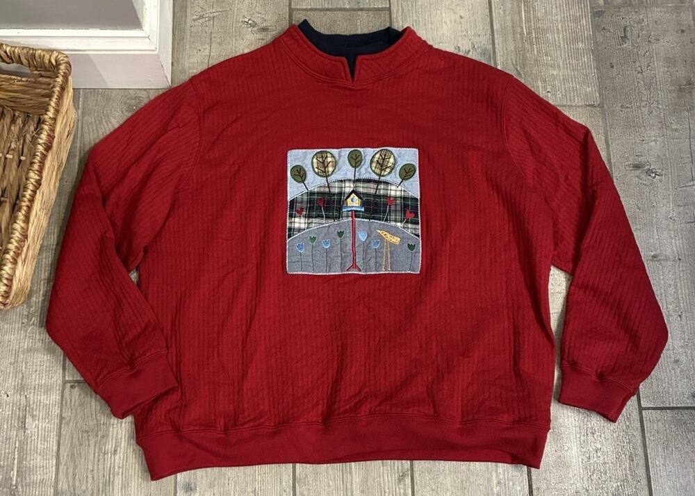 Vintage Baxter Wells Sweatshirt XL Red Mock Neck Birdhouse Applique Cottagecore